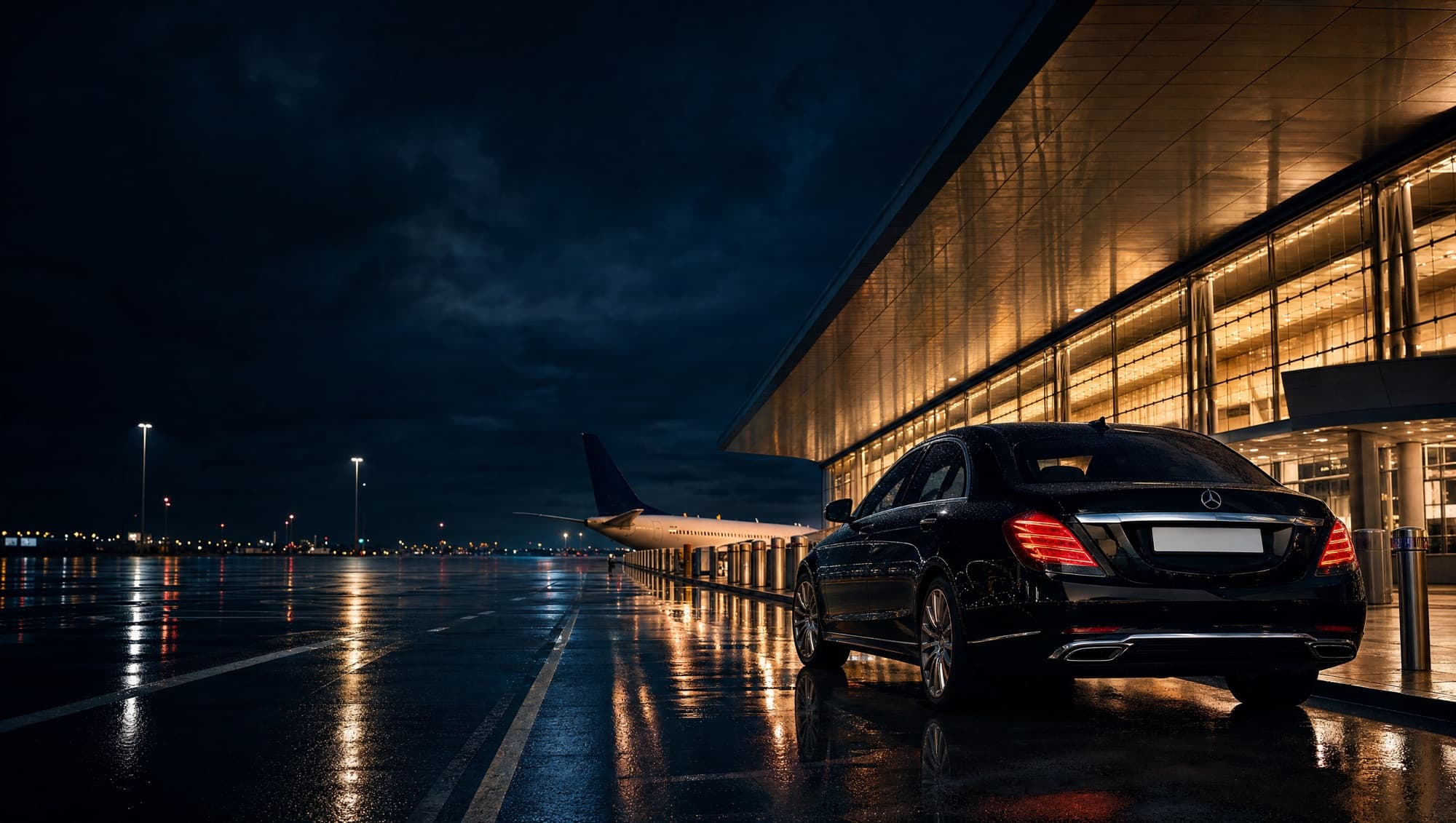Black Mercedes-Benz saloon collecting passengers outside an airport terminal