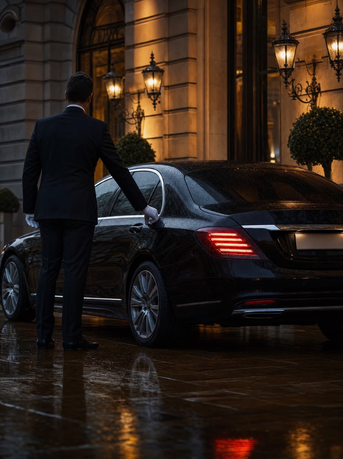 Chauffeur in a dark coat beside a black executive car at dusk