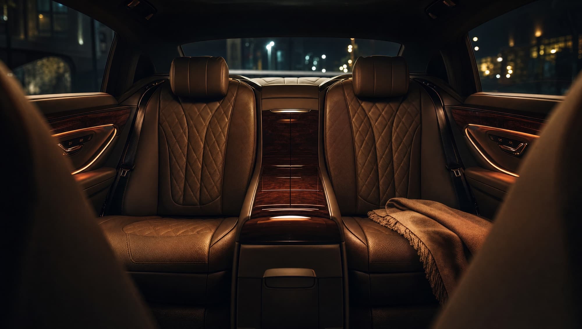 Black leather rear seats in the cabin of an executive Mercedes-Benz