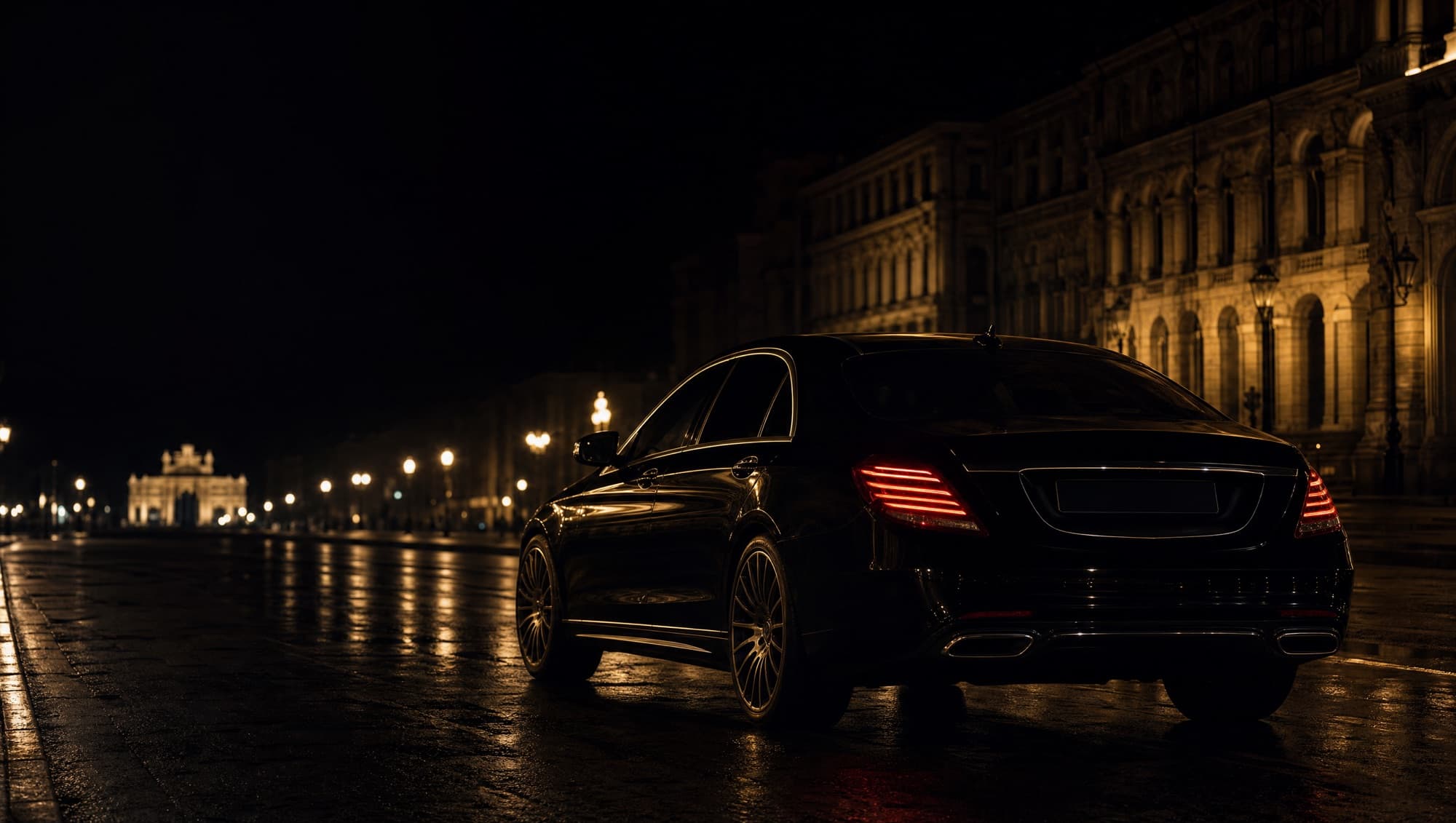 Black Mercedes-Benz S-Class parked on a quiet tree-lined road