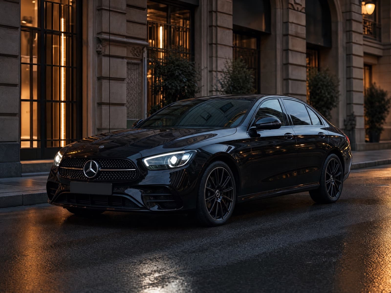 Black Mercedes-Benz E-Class executive saloon used for private chauffeur transfers in Milan