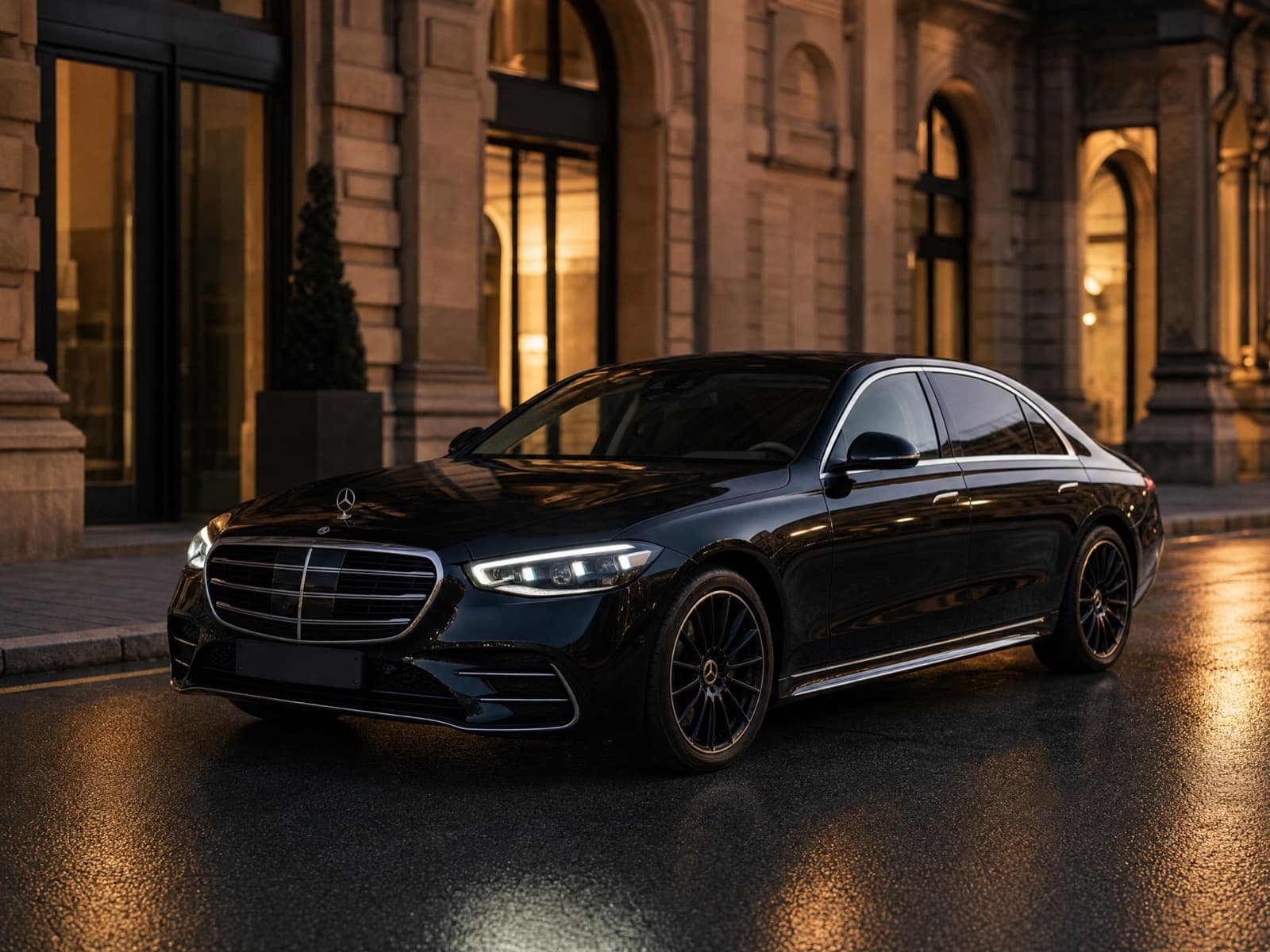 Black Mercedes-Benz S-Class saloon used for VIP chauffeur transfers in Milan